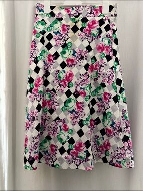 Floral Check A-Line Skirt in White with Pink & Green Bloom